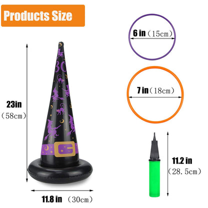 Halloween Party Toys Games, Inflatable Witch Hat Ring Toss Game with Points, Plastic Ring Toss, Air Pump Halloween Carnival Indoor Outdoor Game Garden Toys for Kids Adults Family Games Supplies