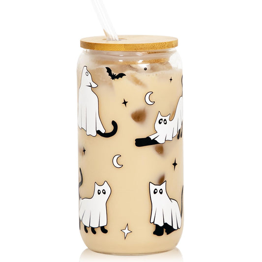 Joyseller Halloween Glass Cup, 18oz Cute Ghost Cat Iced Coffee Can Glass Tumbler with Lid and Straw, Halloween Spooky Gifts for Her Him