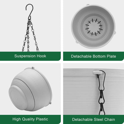 GROWNEER Plastic Hanging Planter 2 Packs 8 Inch Self Watering Pots Plants Hanger Baskets with 6 Pcs Hooks, Flower Pot with Detachable Base for Garden Indoor Outdoor (Grey)