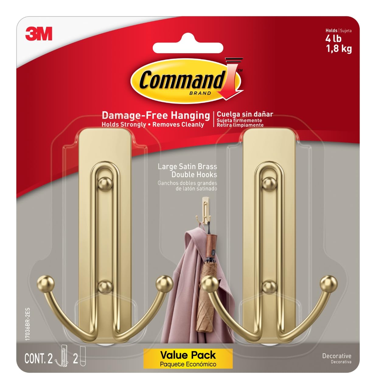 Command Large Satin Brass Double Hooks, 2 Coat Hooks and 2 Command Strips, Damage-Free Hanging with Adhesive, No Tools Great for Hanging Home Decor, Holds up to 4 lb