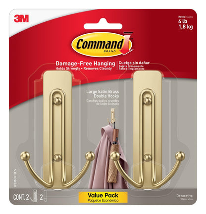 Command Large Satin Brass Double Hooks, 2 Coat Hooks and 2 Command Strips, Damage-Free Hanging with Adhesive, No Tools Great for Hanging Home Decor, Holds up to 4 lb