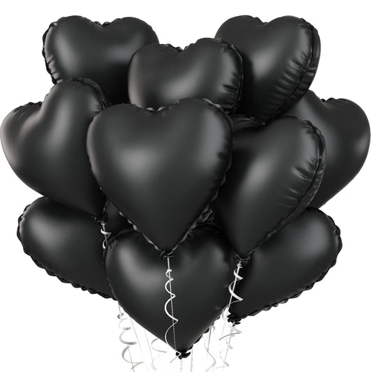 Foil Heart Balloons - 10 Black Heart Shaped Balloons, 18inch Metallic Foil for Valentines Day, Wedding, Birthday, Halloween Party
