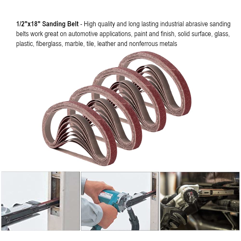1/2 Inch x 18 Inch Sanding Belts, 4 Each of 60/80/120/180/240 Grits, Belt Sander Tool for Woodworking, Metal Polishing, 20 Pack Aluminum Oxide Sanding Belt