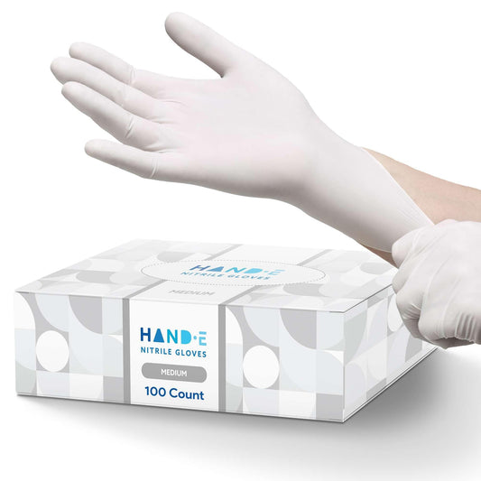 Hand-E Touch White Nitrile Disposable Gloves Medium, 100 Count - Food Prep, Salon, Hair Dye, Esthetician, Kitchen - Powder and Latex Free Rubber Gloves