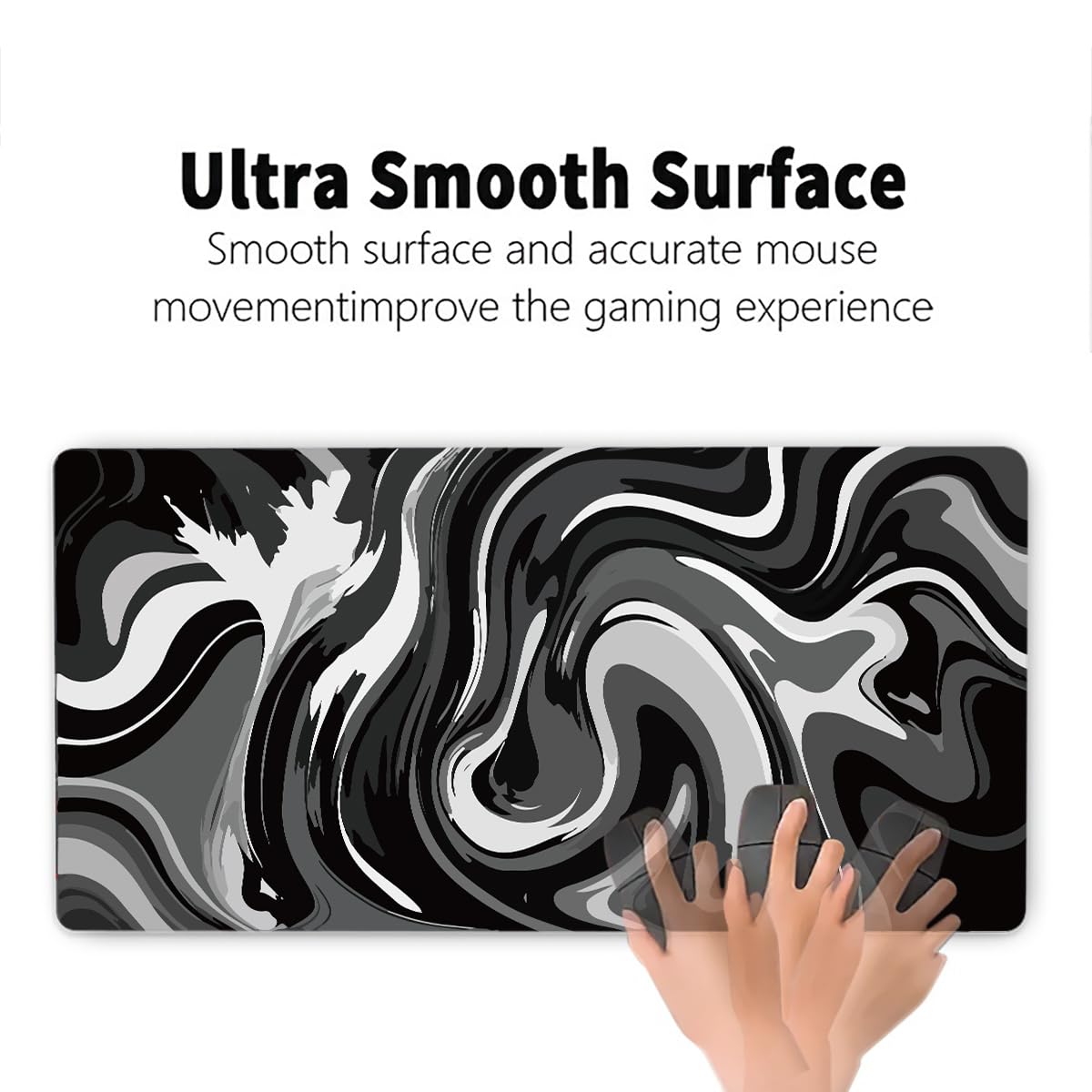 Large Gaming Mouse Pad - Black and White Mouse Pad with Stitched Edges, Extended XL Mousepad with Anti-Slip Rubber Base, Ink Liquid Wave Desk Mat for Keyboard and Mouse(31.5x15.8 inch)