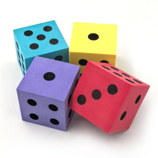 Deke Home - Foam Dice Set (Pack of 4), Big Dice for Classroom & Home Schooling, Assorted Bright Colors, Large 1.96 in, Lightweight, Quiet Play Toy, Math Games, Classrooms, Non-Toxic Materials