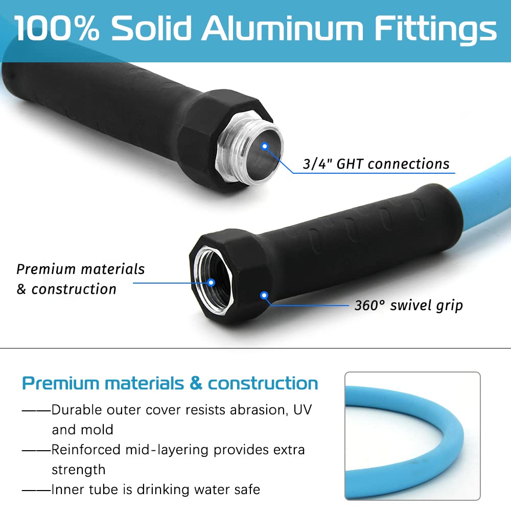 100FT RV Water Hose,5/8” Drinking Water Hose Lead-free, 3/4" Solid Aluminum Fittings-No Leak,Garden hose Extender/Hose Reel Connector with Adjustable Twist Hose Nozzle For RV/Trailer/Camping/Truck