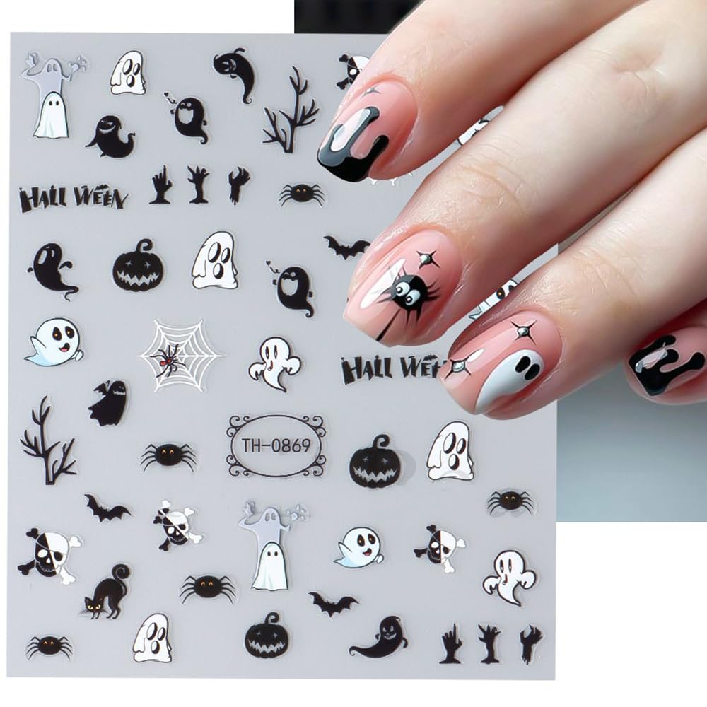 Halloween Nail Stickers, 6 Sheets Black Ghost Nail Decals 3D Self-Adhesive Small Horror Pumpkin Witches Bat Ghost Spider Halloween Pattern Black White Holiday Nail Art Design for Women Kids