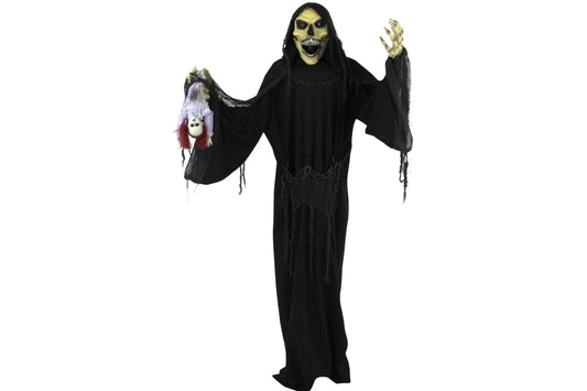 Haunted Hill Farm Life-Size Reaper Halloween Animatronic, Indoor or Outdoor Halloween Decoration with Flashing Colorful Eyes, Poseable and Battery Operated Halloween Props for Home or Haunted House