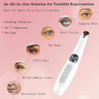 Vowleike Eye Lift Wand, 3 in 1 Vibrating Red Light 98°F to 113°F LCD Display Eye Massager for Dry Eyes, Dark Circles and Puffiness, Electrical Face, Neck Sculpting Pen for Fine Lines and Wrinkles