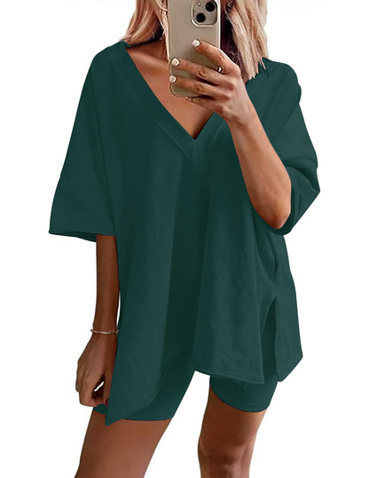 Ekouaer Womens Pajamas 2 Piece Lounge Sets Oversized V Neck T-Shirts Tops Biker Shorts Set Workout Reversible Tracksuit Lake Green, Large