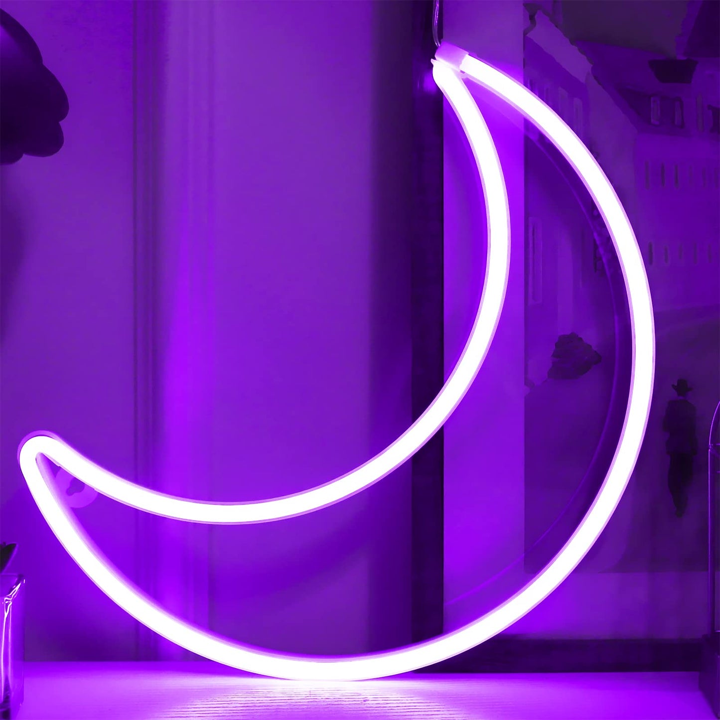LED Purple Moon Neon Light, Cute Neon Moon Sign, Halloween Room Decor - Battery or USB Powered 5V Art LED Decorative Night Lights for Home, Bedroom, Office, Dorm, Party