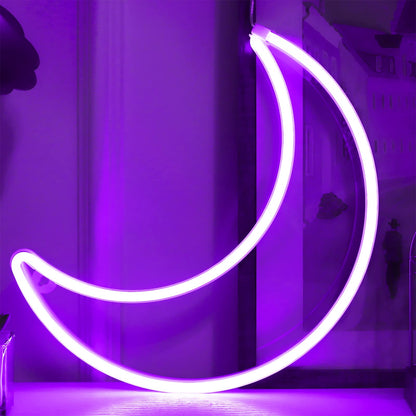 LED Purple Moon Neon Light, Cute Neon Moon Sign, Halloween Room Decor - Battery or USB Powered 5V Art LED Decorative Night Lights for Home, Bedroom, Office, Dorm, Party