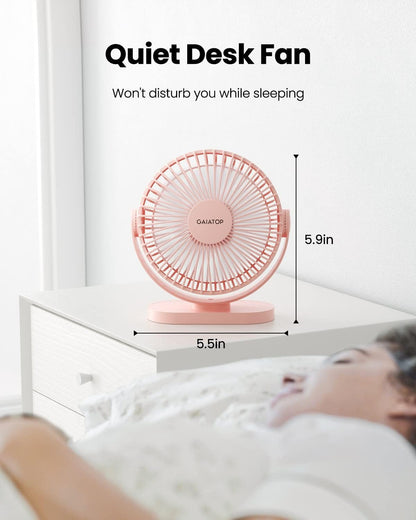Gaiatop USB Desk Fan, 5.5 Inch Small Quiet Powerful 3 Speeds 90° Rotate, Personal Mini Portable Desktop Table Fans, Cooling for Home Office Car Travel Indoor Outdoor Pink