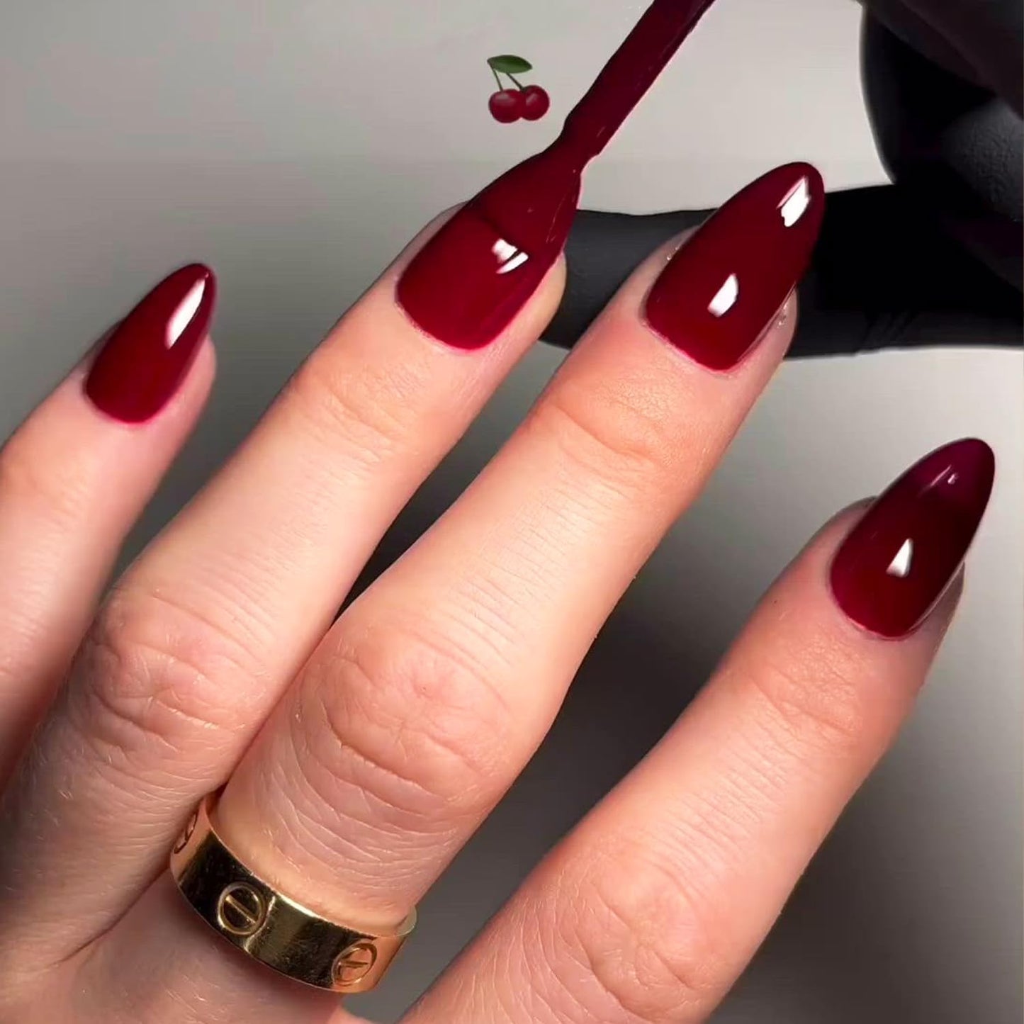 GLAMERMAID Cherry Red Press on Nails Medium Almond, Handmade Jelly Soft Gel Dark Red Glue on Nails Stiletto, Burgundy Emo Fake Nails Short Oval, Reusable Acrylic Stick on False Nails Kit for Women