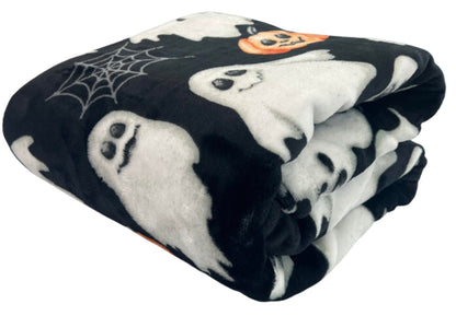Halloween Throw Blanket: Jack O Lantern Pumpkins White Ghosts and Spiderwebs on Soft Black Velvet Fleece for Sofa, Couch, Chairs and Bed