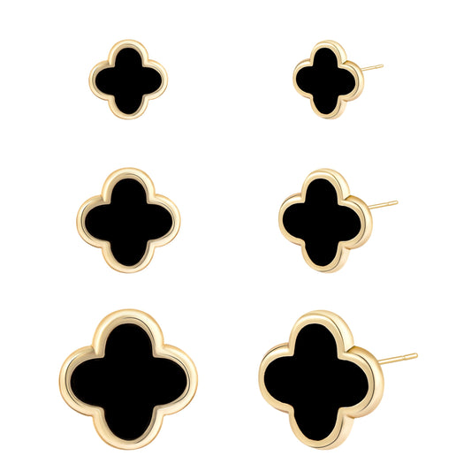 Clover Earring 3 Pair Small Clover Stud Earrings for Women Four Leaf Hypoallergenic Earrings Sensitive Ears for Birthday Christmas Anniversary Lucky Gifts (Gold Clover Stud Earrings/Black)