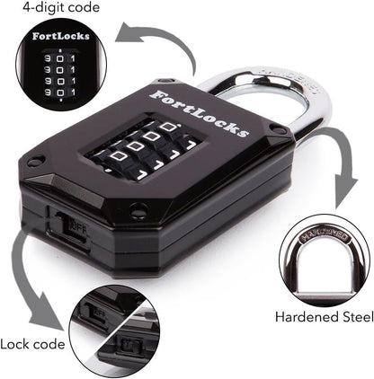 FortLocks Gym Locker Lock - 4 Digit, Heavy Duty, Hardened Stainless Steel, Weatherproof and Outdoor Combination Padlock - Easy to Read Numbers - Resettable and Cut Proof Combo Code - 1 Pack Black