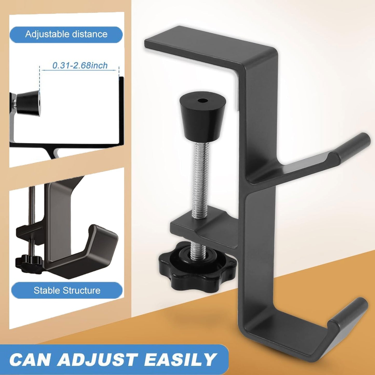 JAKO Headphone Stand Hanger Holder, Under Desk Aluminum Alloy Headset Stand with Fit for Gaming PC Accessories,Under Desk Clamp Hook Mount Suitable for Office, Computer Desk (Black)