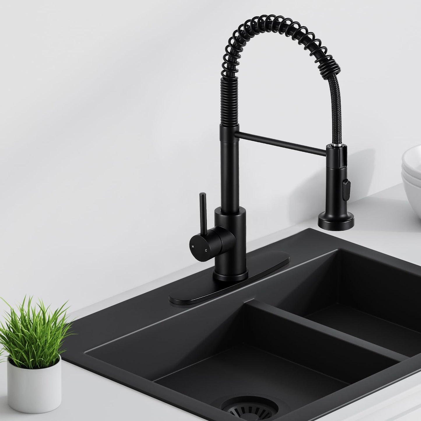 DJS Kitchen Faucets with Pull Down Sprayer Matte Black - Dual Mode Setting Single Handle 1 or 3 Holes Commercial Black Kitchen Sink Faucet with Deck Plate for Farmhouse RV Vessel Basin
