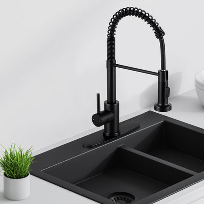 DJS Kitchen Faucets with Pull Down Sprayer Matte Black - Dual Mode Setting Single Handle 1 or 3 Holes Commercial Black Kitchen Sink Faucet with Deck Plate for Farmhouse RV Vessel Basin