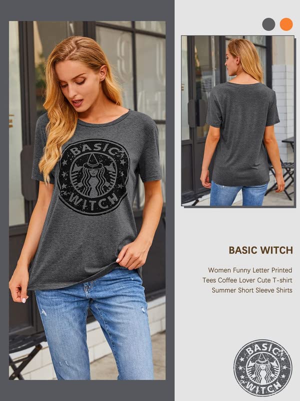 Halloween Shirts for Women Basic Witch Coffee Letter T Shirt Vintage Witches Graphic Tees Fall Halloween Party Tops
