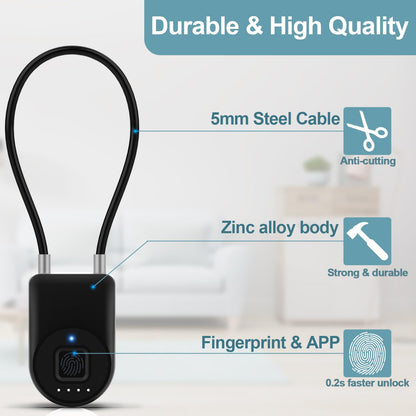 Dhiedas Fingerprint Cable Lock, 3.6'' Long Shackle Fingerprint Lock with Bluetooth APP, Smart Keyless Biometric Waterproof Outdoor Smart Padlock for Gate Fence Locker Cabinet Gym Backyard