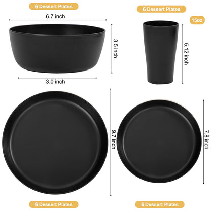 EI 24pcs Black Wheat Straw Plates,Wheat Straw Dinnerware Set,Plates and Bowls Sets,Reuasble Plate,Unbreakable Dinner Plate Heavy Duty Plastic for Halloween