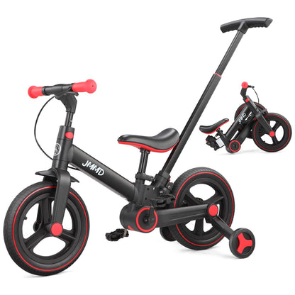 JMMD Toddler Bike with Push Handle for Kids 18-60 Months, 6 in 1 Foldable Push Bike with Training Wheels, Pedals, Brakes, Kickstand, Kid Balance Bike Gift & Toys for Boy & Girl, Black