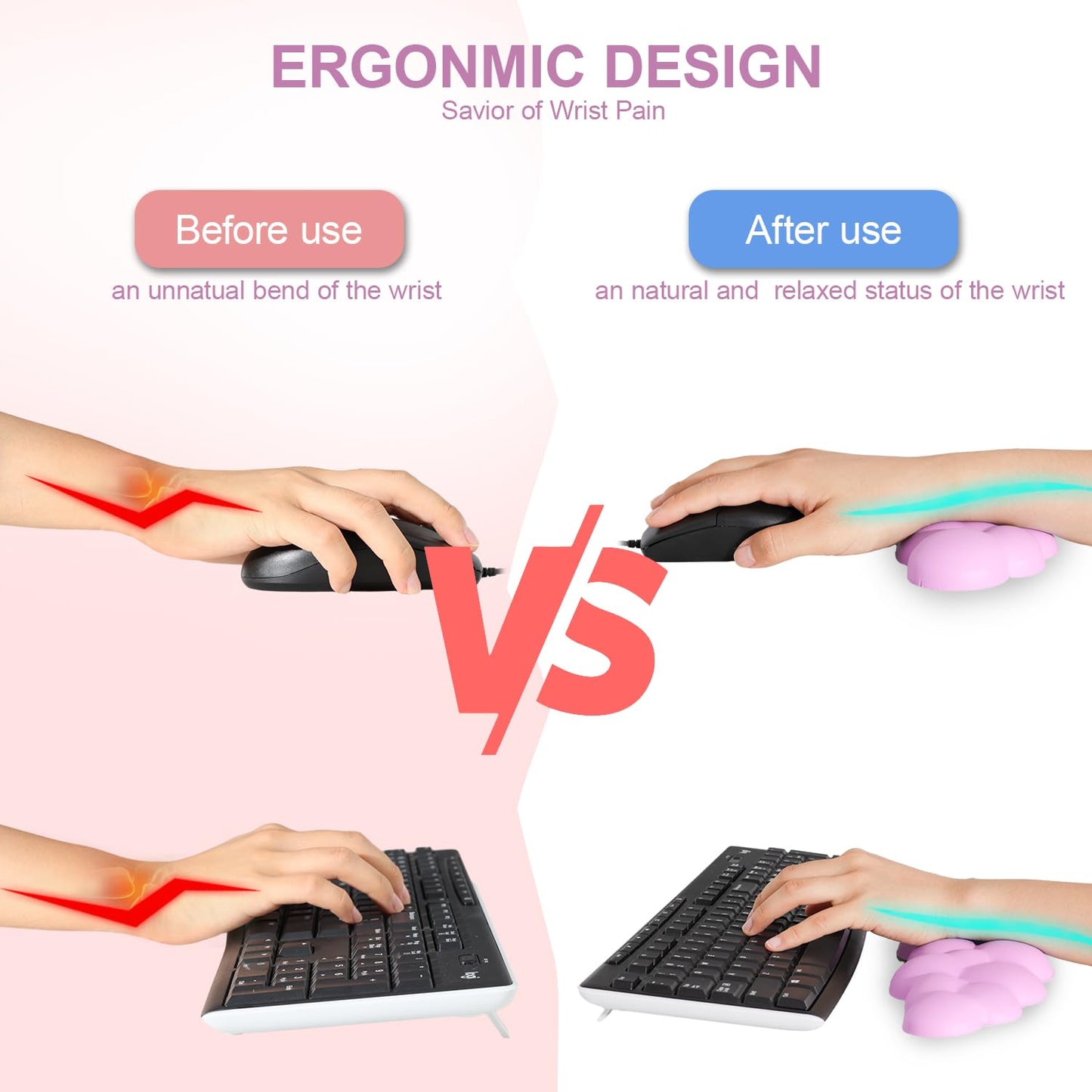 Cloud Wrist Rest for Keyboard, Ergonomic Gaming Wrist Pad Palm Rest - Gifts for Office & Gamers, Memory Foam Wrist Support for Pain Relief, Mouse Pad Rest Support, Portable & Washable, Light Lilac