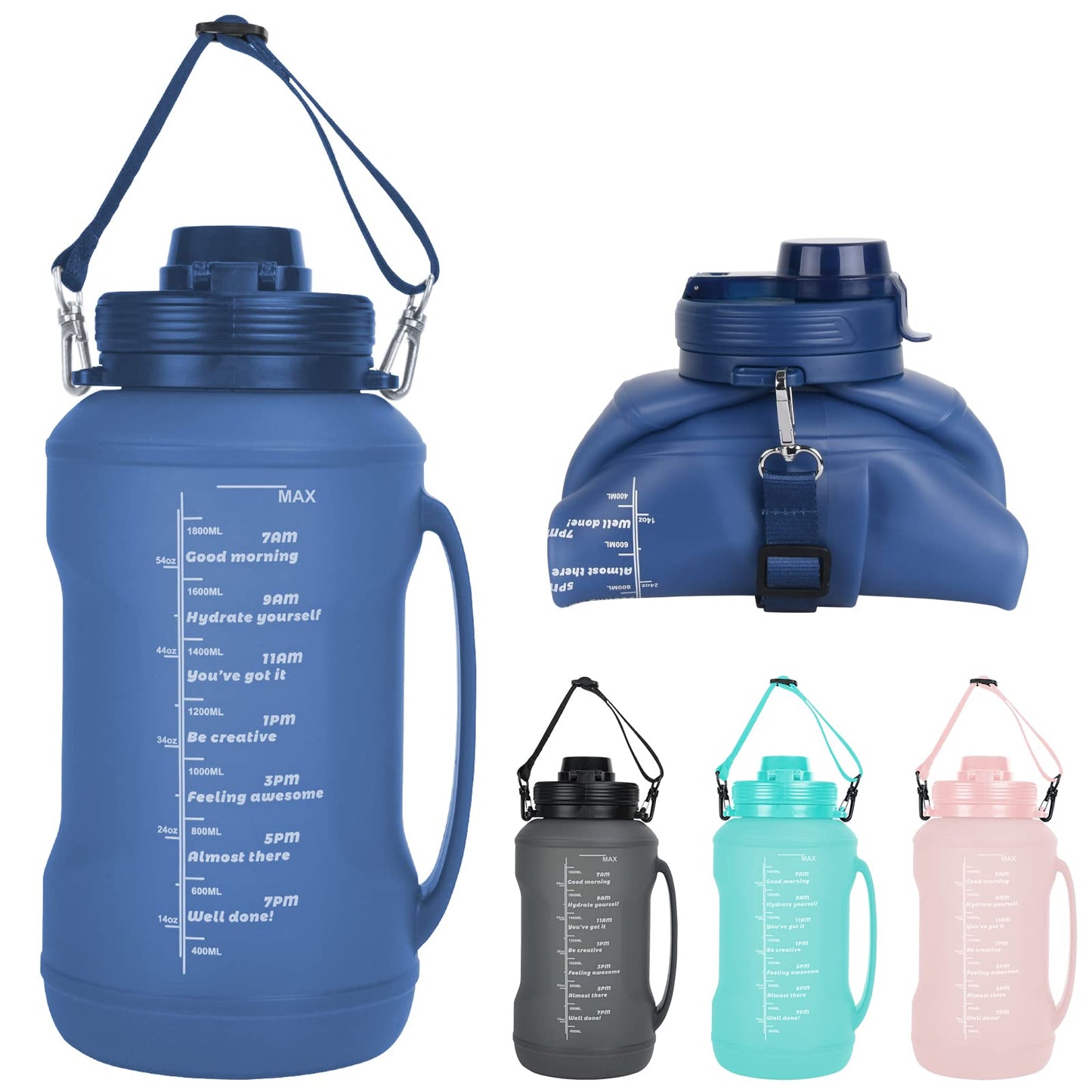 Collapsible Water Bottles, 2L/64OZ travel water bottle Bottle with Straw, Half Gallon Large Water Bottle for Travel Outdoor Sports Runing Fitness Yoga (Upgraded blue)