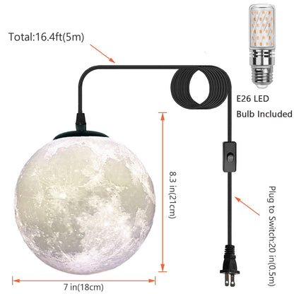 HFUGUD Plug in Pendant Lighting with Cord,Hanging Lamps That Plug Into Wall Outlet White,16.4Ft Hanging Light Cord with Switch,3D Paint Hanging Moon Light for Kids Room(Bulb Included)