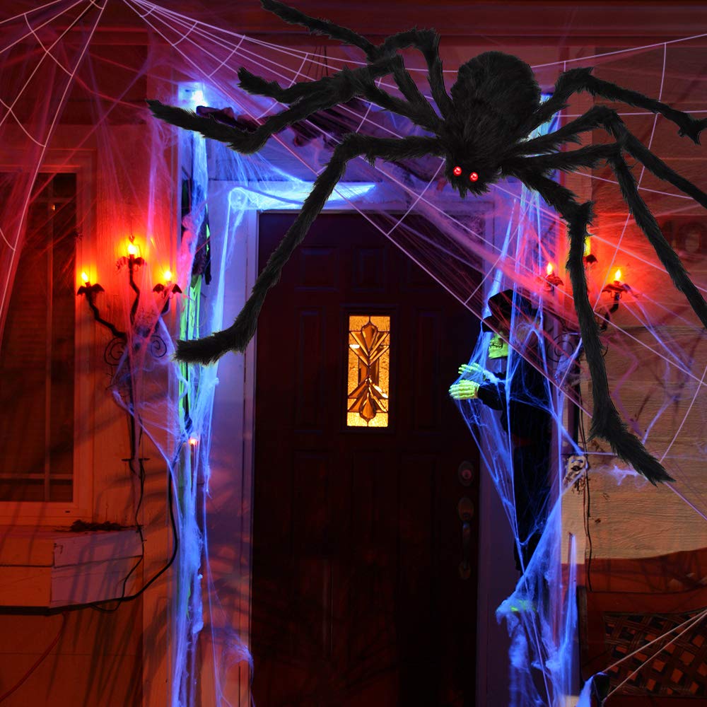 200" Halloween Spider Web + 59" Giant Spider Decorations Fake Spiders with Triangular Huge Spiders Web for Indoor Outdoor Halloween Decorations Yard Home Costumes Parties Haunted House Décor