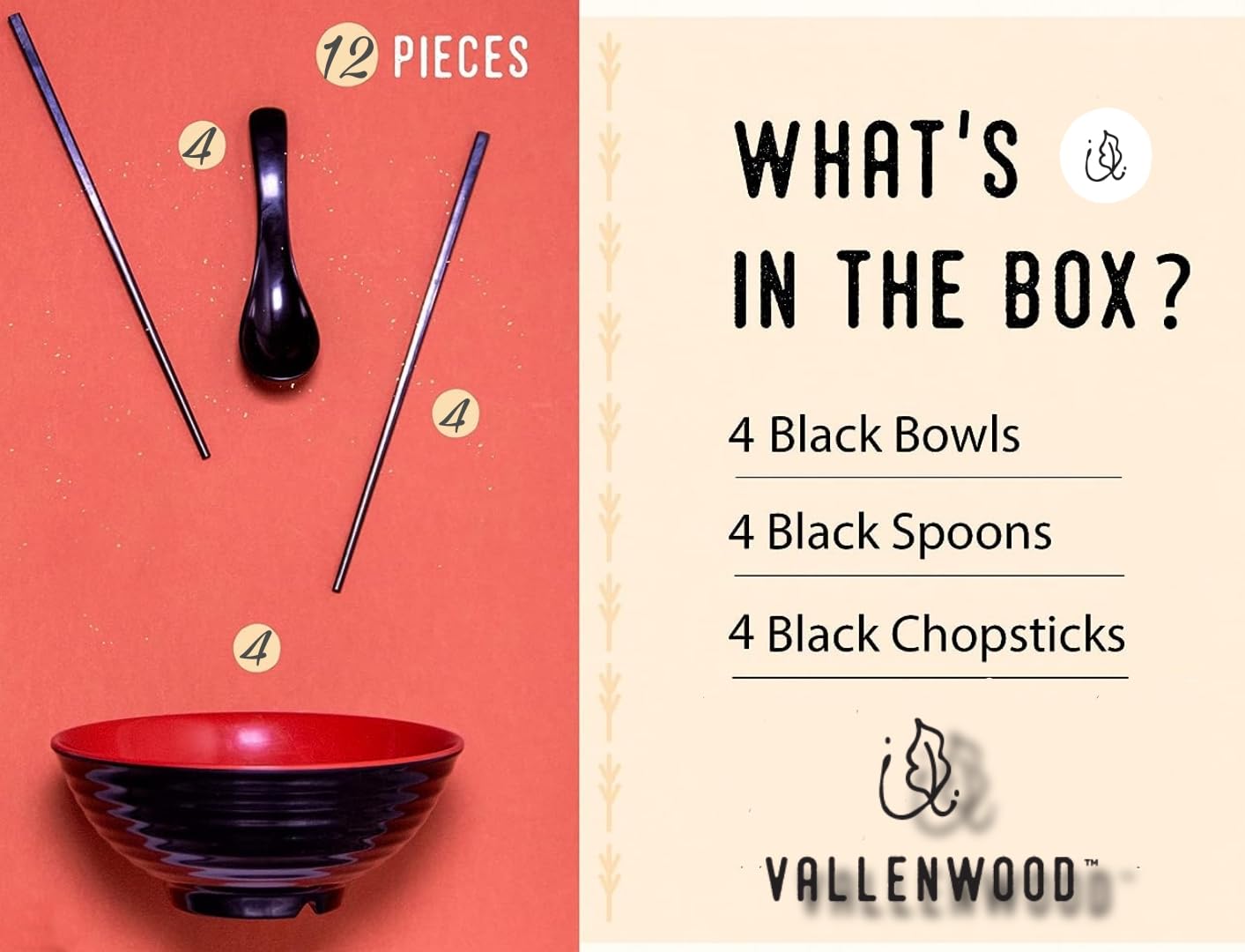 4 Ramen Bowls, 12 pieces Pho set. Red Black Ramen Bowl Set. Unbreakable Melamine. Asian Japanese soup. Spoons And Chopsticks kit. . XL 37 oz. Noodles, Rice, Udon, Thai, Chinese, Korean, Wonton, Miso