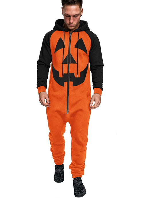 COOFANDY Pumpkin Jumpsuits Halloween Onesie Hooded Romper (Orange Pumpkin XXL)