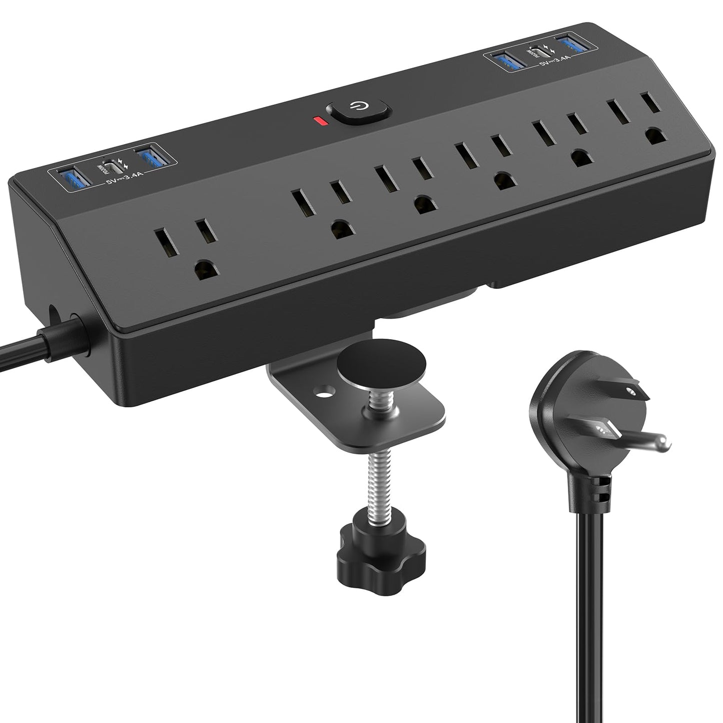 Desk Clamp Power Strip with 40W Fast Charging Station, JXGUCAT Removable Desk Clamp Mount Power Strip Surge Protector, 2 USB-C Ports, 6 AC Outlets and 10ft Cord, Fits 1.8" Tabletop Edge