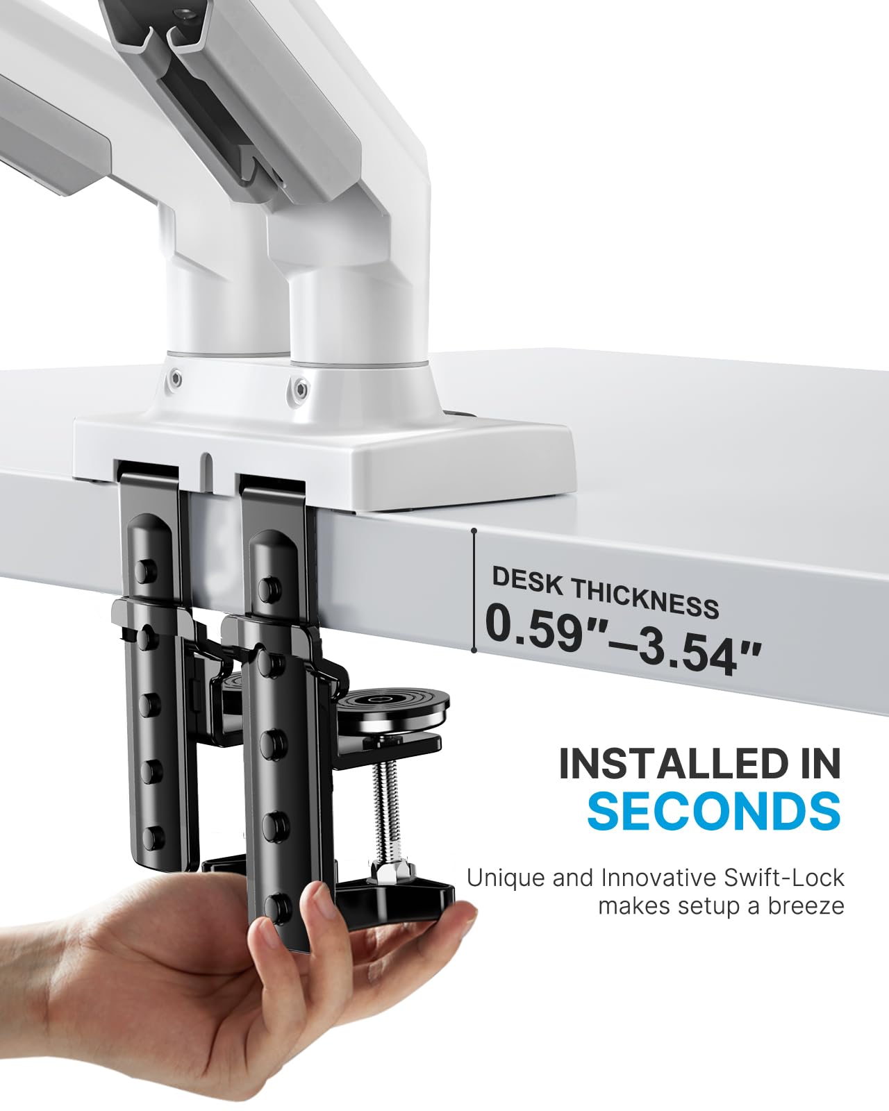 HUANUO Dual Monitor Stand - Full Adjustable Monitor Desk Mount Swivel Vesa Bracket with C Clamp, Grommet Mounting Base for 13 to 32 Inch Computer Screens - Each Arm Holds 4.4 to 19.8lbs - White