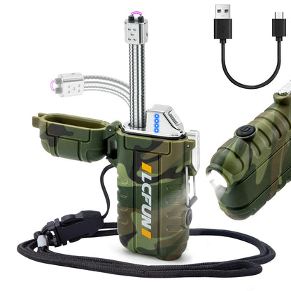 LcFun Electric Lighter USB Rechargeable Arc Lighters Windproof Plasma Lighters with LED Battery Display, Waterproof Electronic Flashlight Lighter with Lanyard for Camping, Survival Tactical Gear