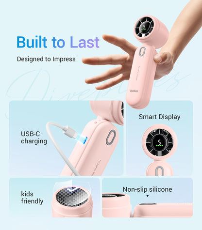 Diveblues Handheld Turbo Fan, USB Rechargeable Battery Powered, Small Portable Pocket Fan for Travel, Outdoor, Home, Office, Concerts, Lash, Gift for Women(Pink)