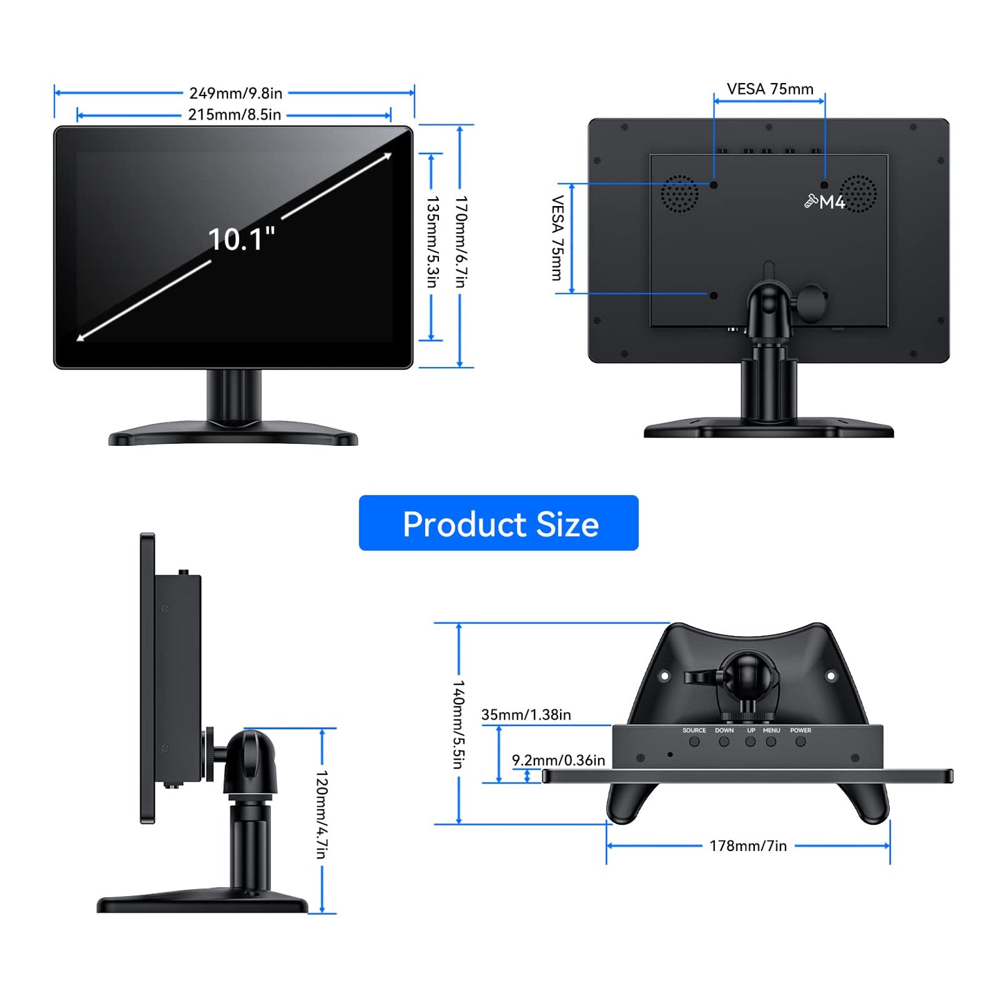 Eyoyo 10 Inch Touchscreen Monitor, Raspi Touch Screen, Small VGA AV HDMI Monitor, Portable IPS Display for CCTV DVD PC Laptop POS Systems with Speakers