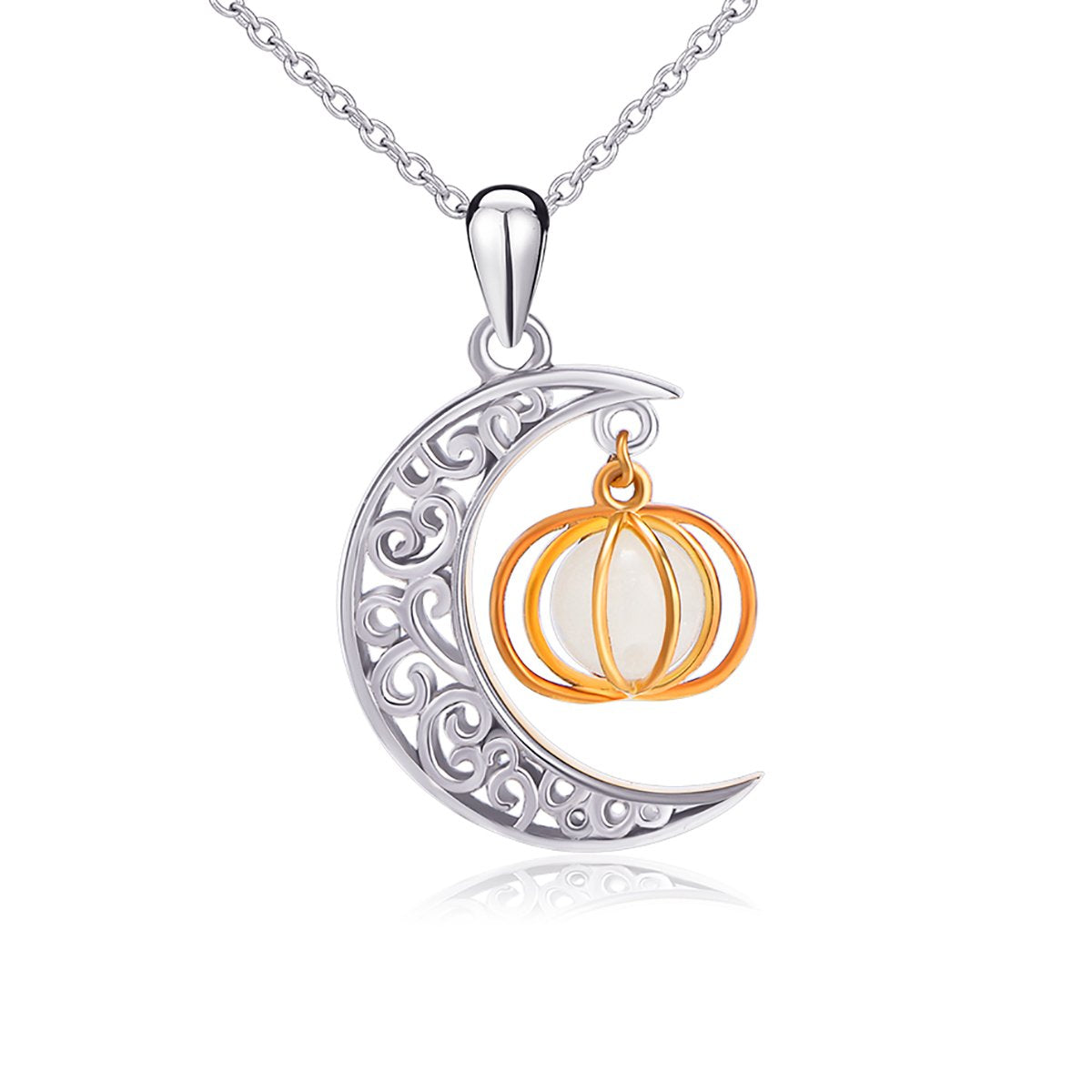 Ladytree Halloween Jewelry 925 Sterling Silver Moon and Pumpkin Luminous Beads Glow Pendant Necklace, 18 inches