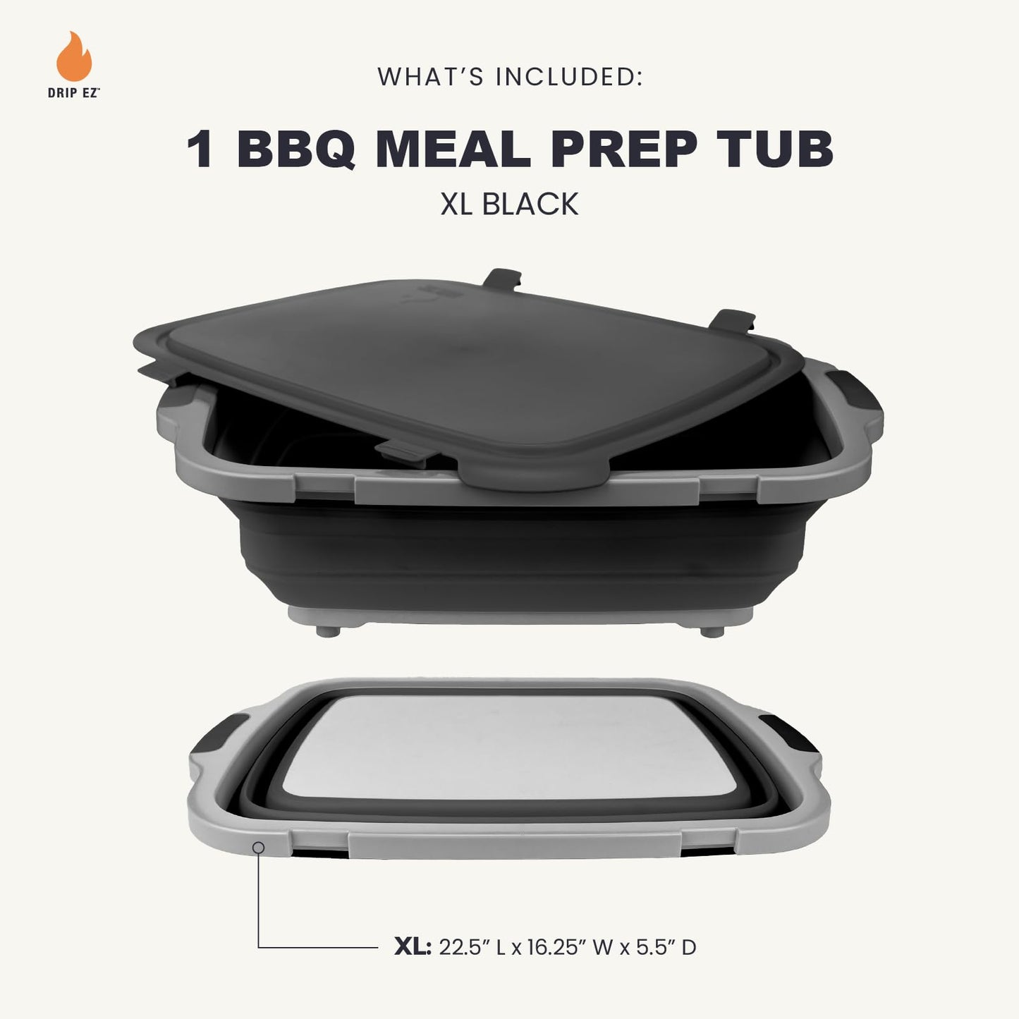 Drip EZ Collapsible BBQ Prep Tub - for Meal Prep Marinating Food Storage - Includes Cutting Board & Locking Lid - (1) XL - Black