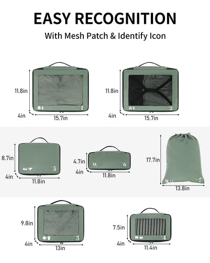 ECOHUB 7 Set Packing Cubes Tear-Resistant Luggage Packing Organizers with Number Icon for Travel Accessories Luggage Suitcase Machine Washable Packing Cubes (Green)