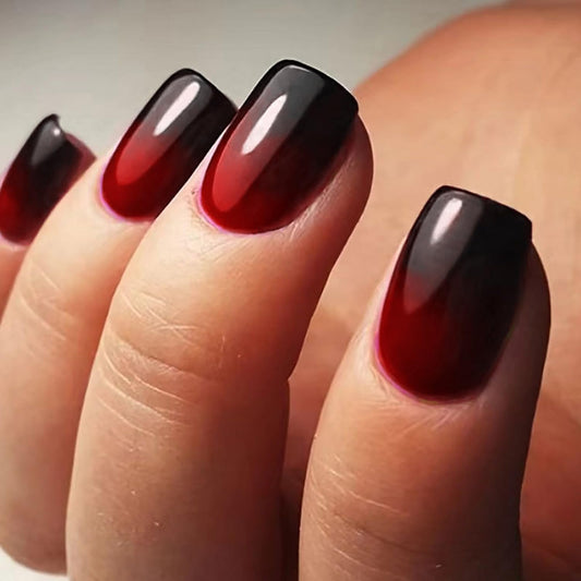 Halloween Red & Black Gradient Press on Nails Short Square Shaped False Nails Designs Glossy Reusable Fake Nails Full Cover Acrylic Nails Halloween Stick on Nails for Women DIY Manicure 24 Pcs