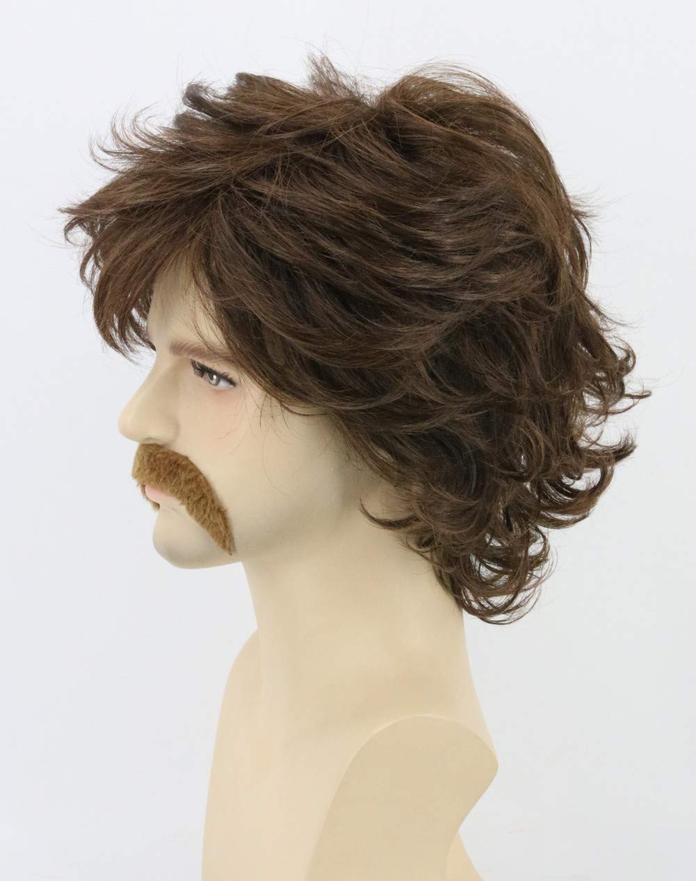 LeMarnia 70s Mens Wigs Brown Short Wavy Shaggy Wig Cosplay Halloween Costume Wigs+Wig Cap and Beard