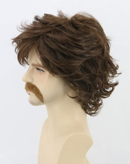 LeMarnia 70s Mens Wigs Brown Short Wavy Shaggy Wig Cosplay Halloween Costume Wigs+Wig Cap and Beard