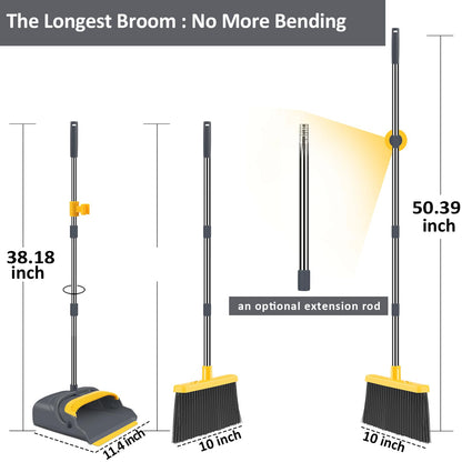 kelamayi Upgrade Broom and Dustpan Set, Broom with Dustpan Combo Set, Self-Cleaning with Dustpan Teeth, Indoor&Outdoor Sweeping, Stand Up Broom and Dustpan (Gray&Yellow)