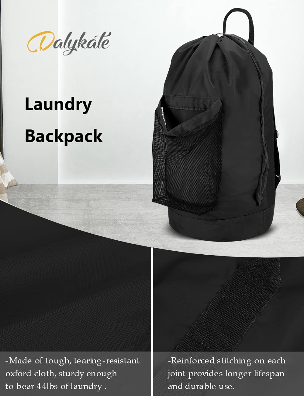 Dalykate Backpack Laundry Bag, Laundry Backpack with Shoulder Straps and Mesh Pocket Durable Nylon Clothes Hamper Bag with Drawstring Closure for College, Travel, Laundromat, Apartment