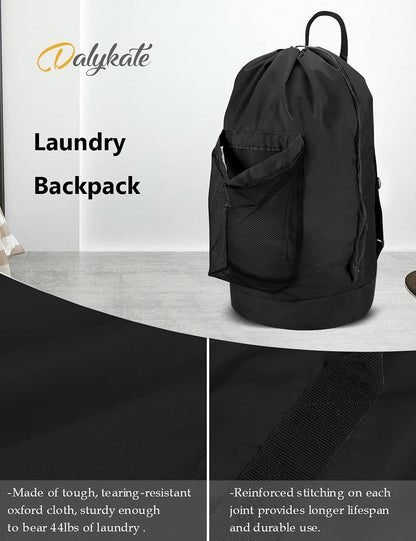 Dalykate Backpack Laundry Bag, Laundry Backpack with Shoulder Straps and Mesh Pocket Durable Nylon Clothes Hamper Bag with Drawstring Closure for College, Travel, Laundromat, Apartment