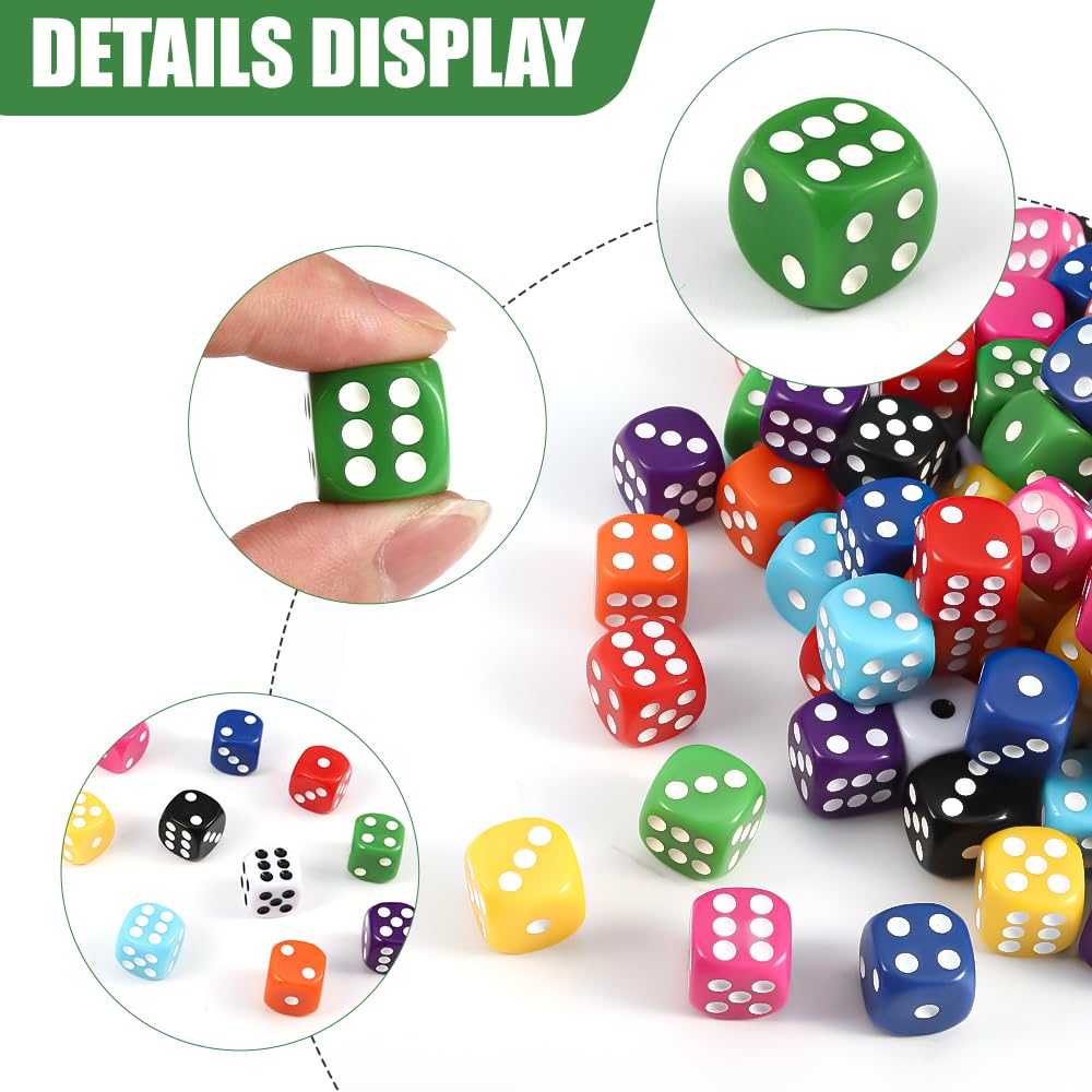 DIYDEC 100pcs 16mm Game Bulk Dice 10 Colors Acrylic 6 Sided Dice Set for Classroom Teaching Math Learning Standard Dice for Party Family Board Games